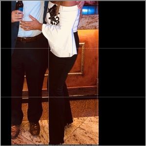 Black and white off the shoulder jumpsuit.